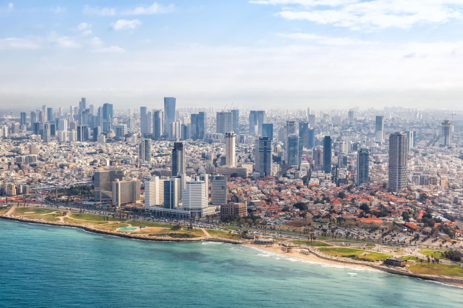 Aerial view of Tel Aviv's coastline and skyline