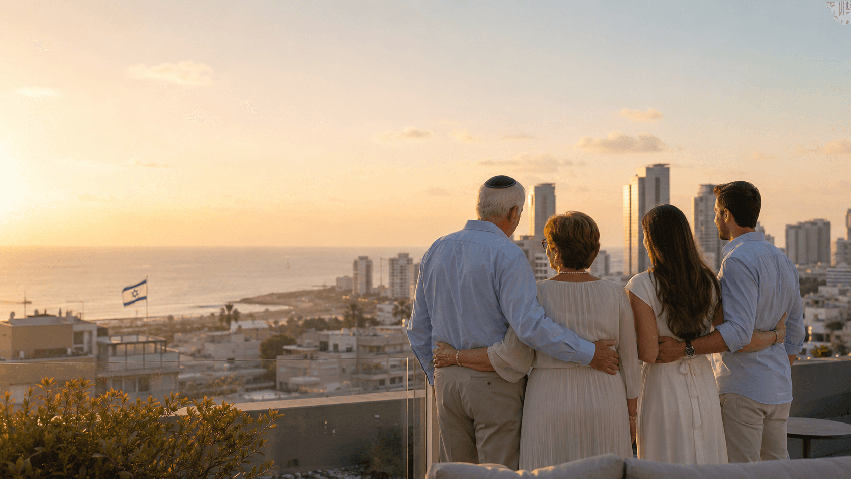 A family looking out over the Tel Aviv skyline at sunset